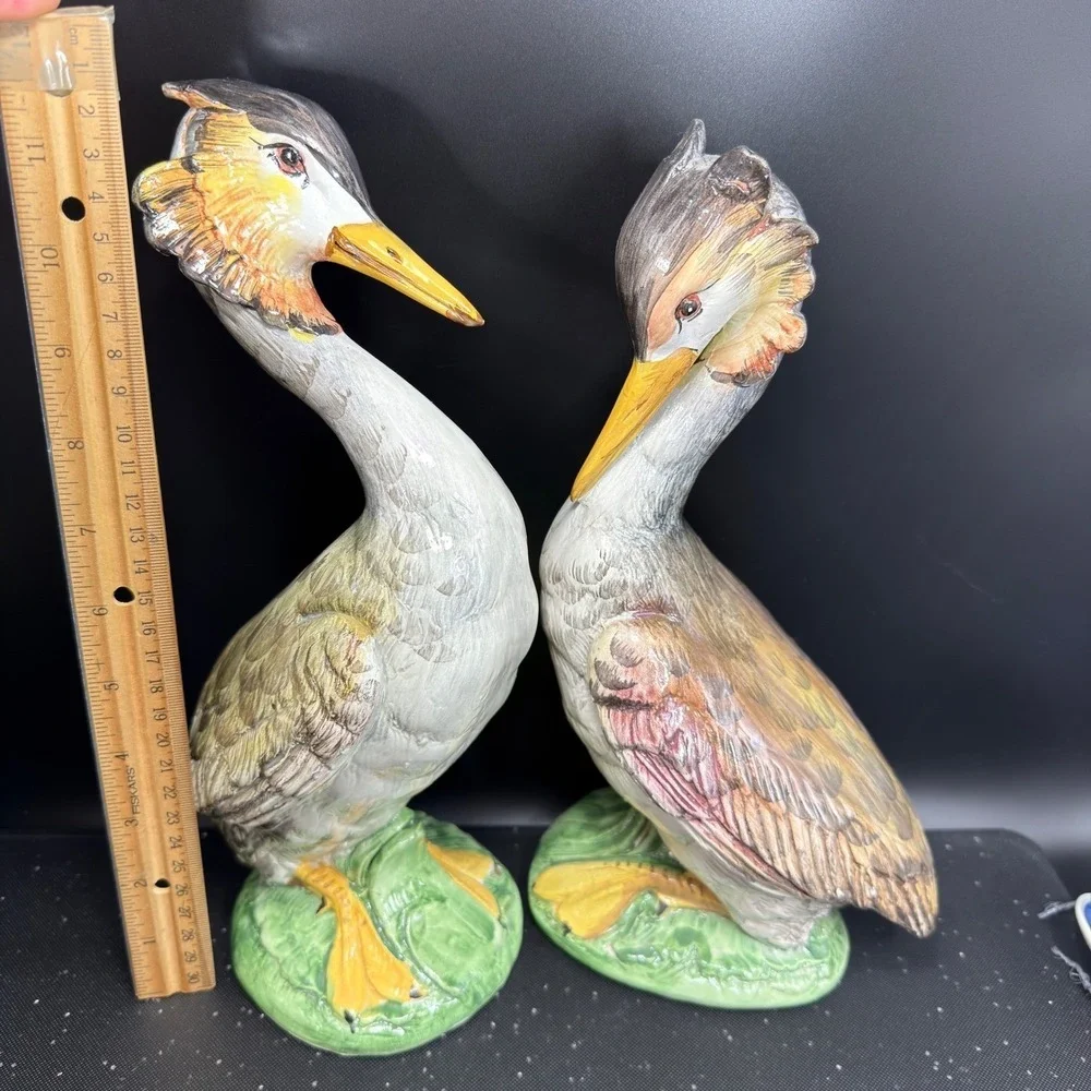 Italian Grebe Water Bird Figurines Set Majolica Stork Crane Hand Painted Italy